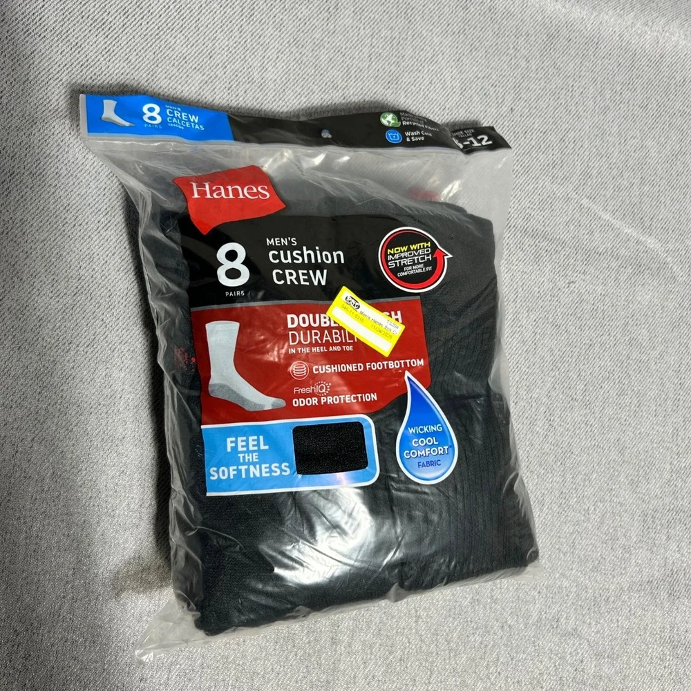 Hanes Mens Cushion Crew Socks 8 Pair Pack 6-12 Black FreshIQ Wicking